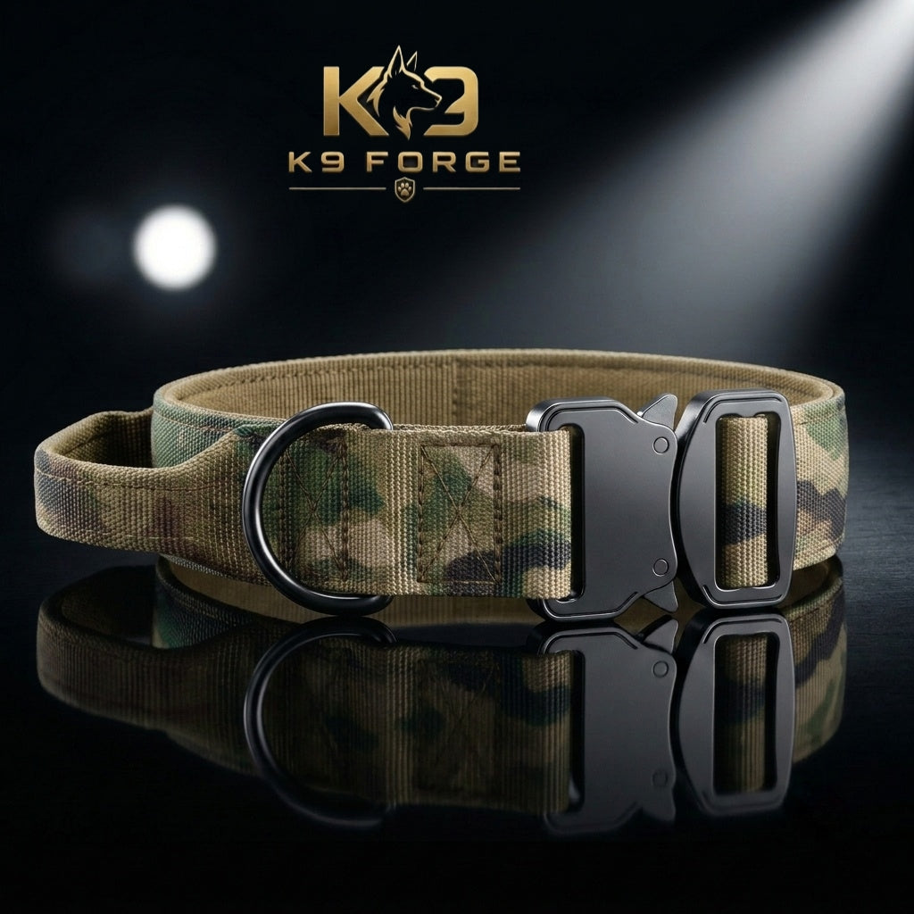 Tactical dog collar with handle multicam camo – cobra buckle padded large breed training collar