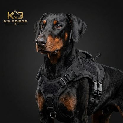 K9 Forge tactical dog harness MOLLE webbing and velcro patch panel detail, military dog vest for german shepherd malinois
