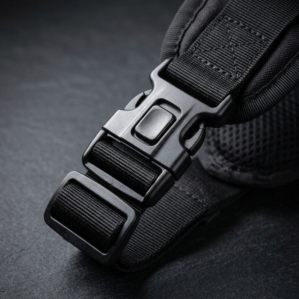 Heavy duty quick-release buckle close-up on K9 Forge tactical dog harness, military grade hardware for working dogs