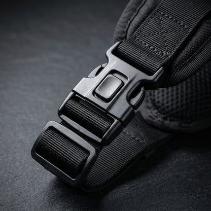 Heavy duty quick-release buckle close-up on K9 Forge tactical dog harness, military grade hardware for working dogs