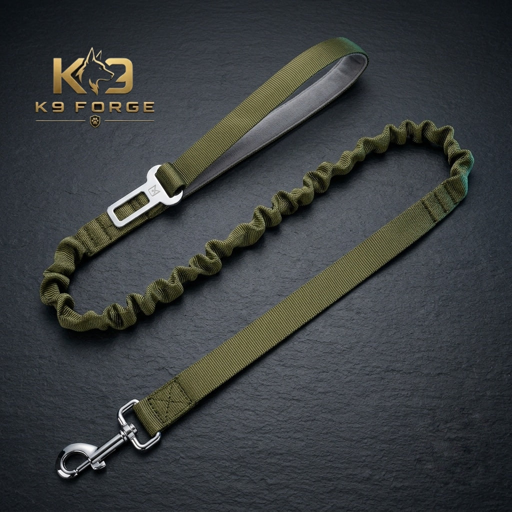 Tactical dog seat belt leash olive green – bungee shock absorber metal clip for large dogs in car