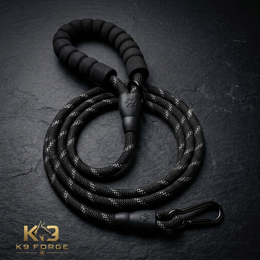 Thick rope dog leash black reflective – padded handle and 360 tangle free snap hook for large dogs