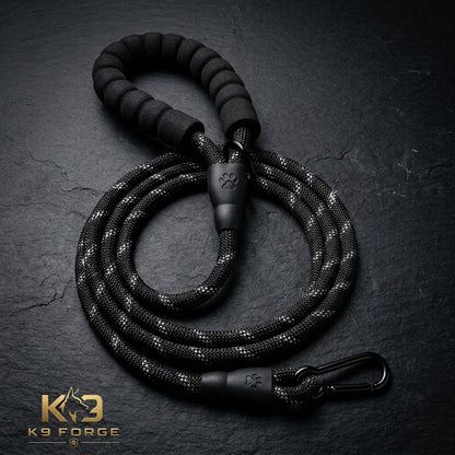 Thick rope dog leash black reflective – padded handle and 360 tangle free snap hook for large dogs