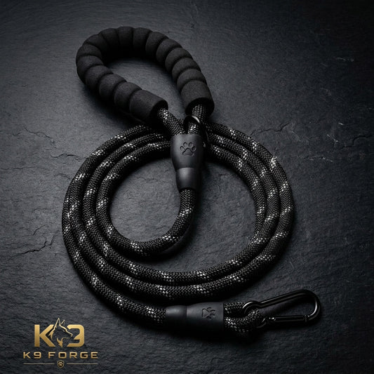 Thick rope dog leash black reflective – padded handle and 360 tangle free snap hook for large dogs