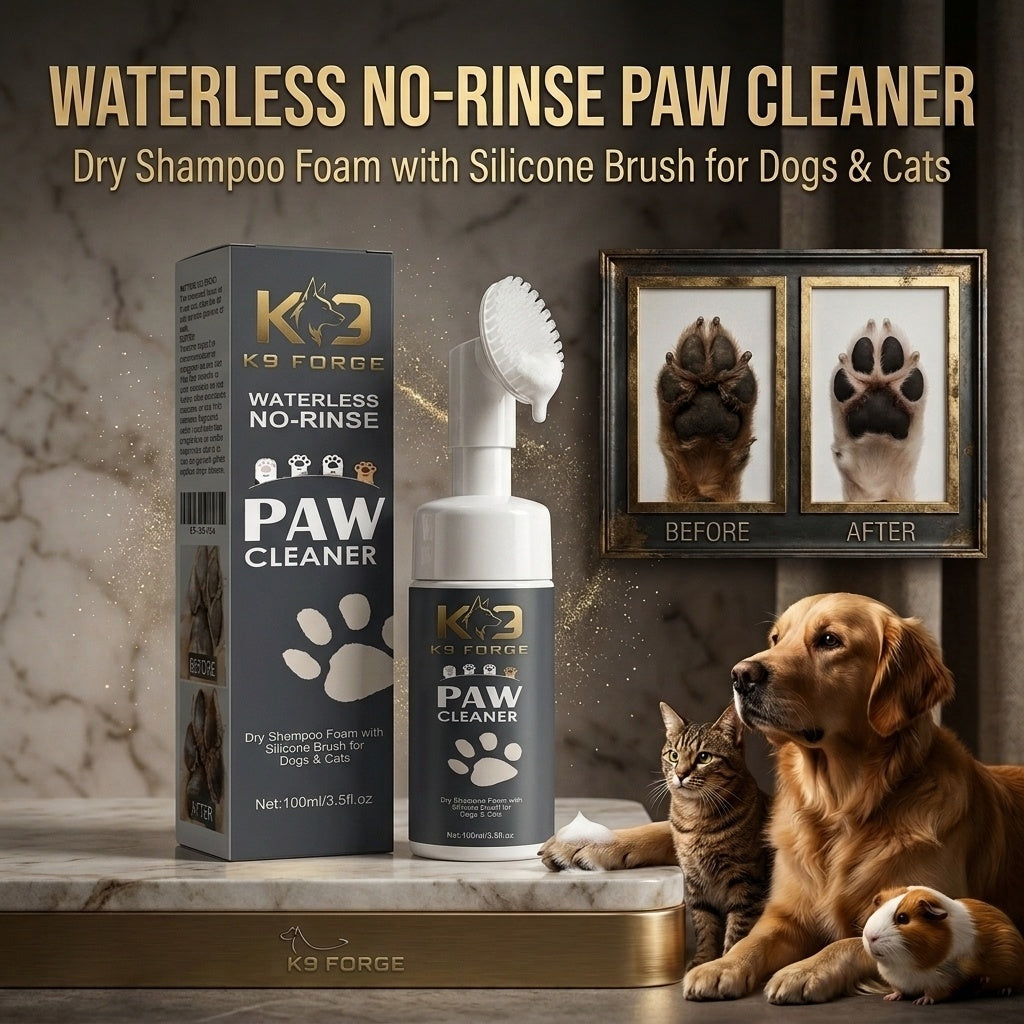 Waterless dog paw cleaner before and after – foam with silicone brush cleans dirty paws for dogs and cats